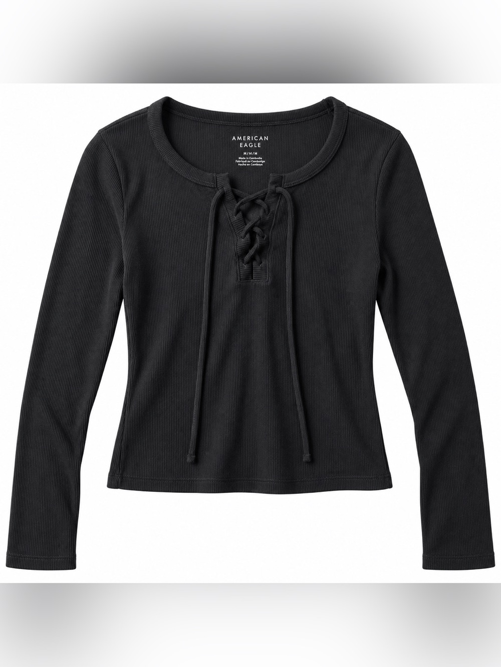 American Eagle Outfitters Black Lace-Up Ribbed Long Sleeve Top